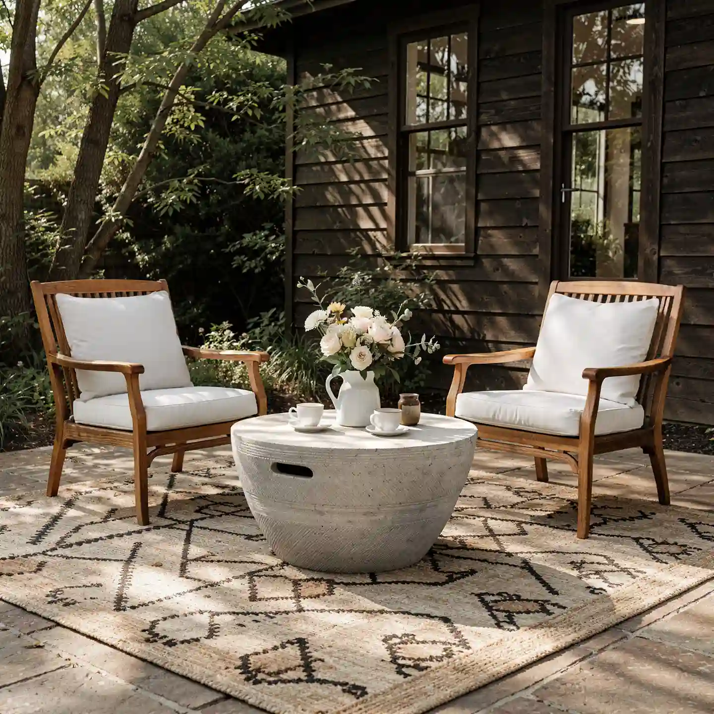A deep-textured concrete bistro table paired with classic wooden armchairs on a patterned rug. Supplying versatile hardgoods for bohemian backyard styling and upscale residential landscaping.